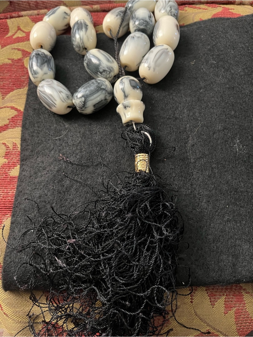 Handcrafted Black & Cream Beaded Tassel prayer beads, glass or Bakelite